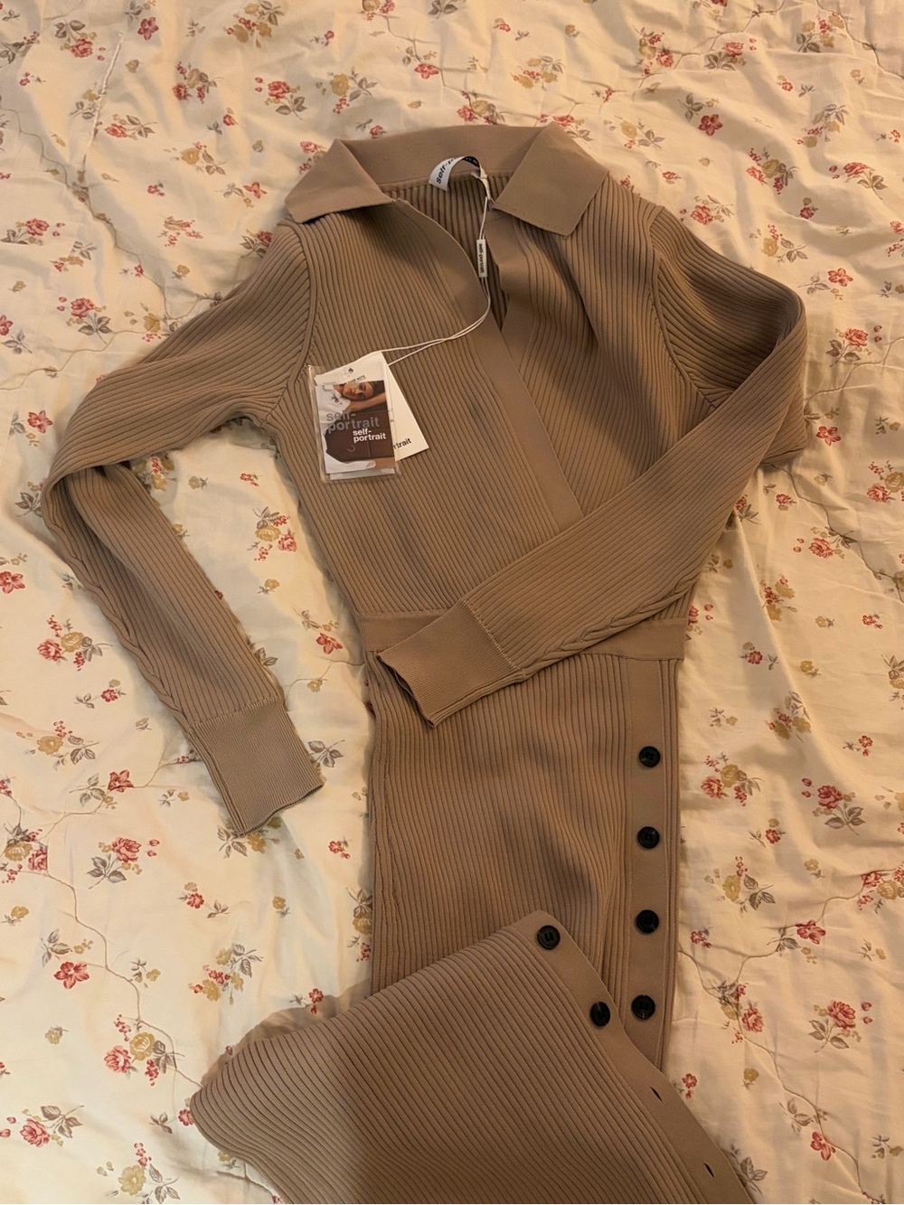Self-Portrait Rib Knit Polo Dress -Mushroom